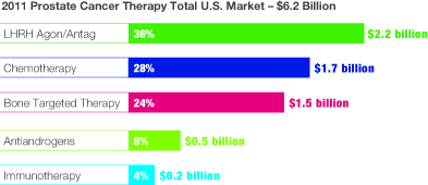 Chart showing the $6.2 Billion 2011 Prostate Cancer Therapy US Market by types of therapy.